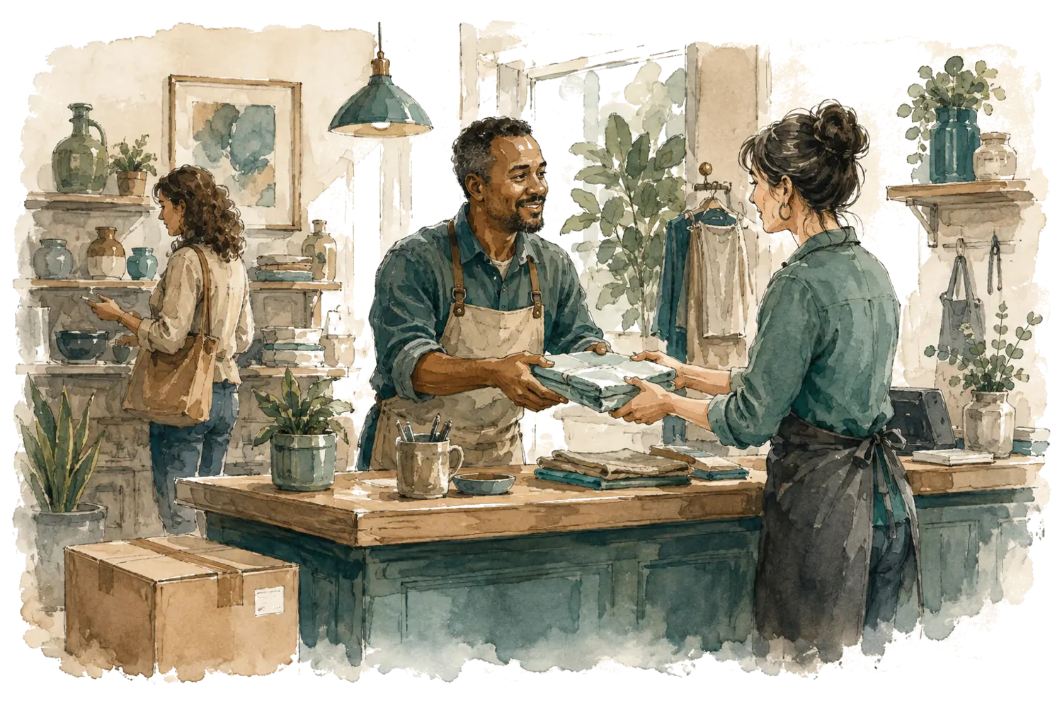 People exchanging work inside a small local business